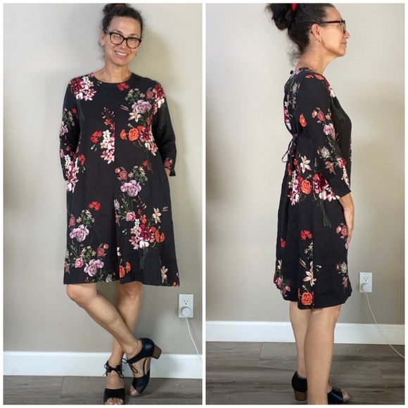 Hannes Roether 100% floral black linen 3/4 sleeves cinch back midi dress… - Picture 2 of 11